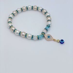 Handmade Simulated Pearl & Blue Jade, Hamsa Hand Evil Eye Stretch Bracelet